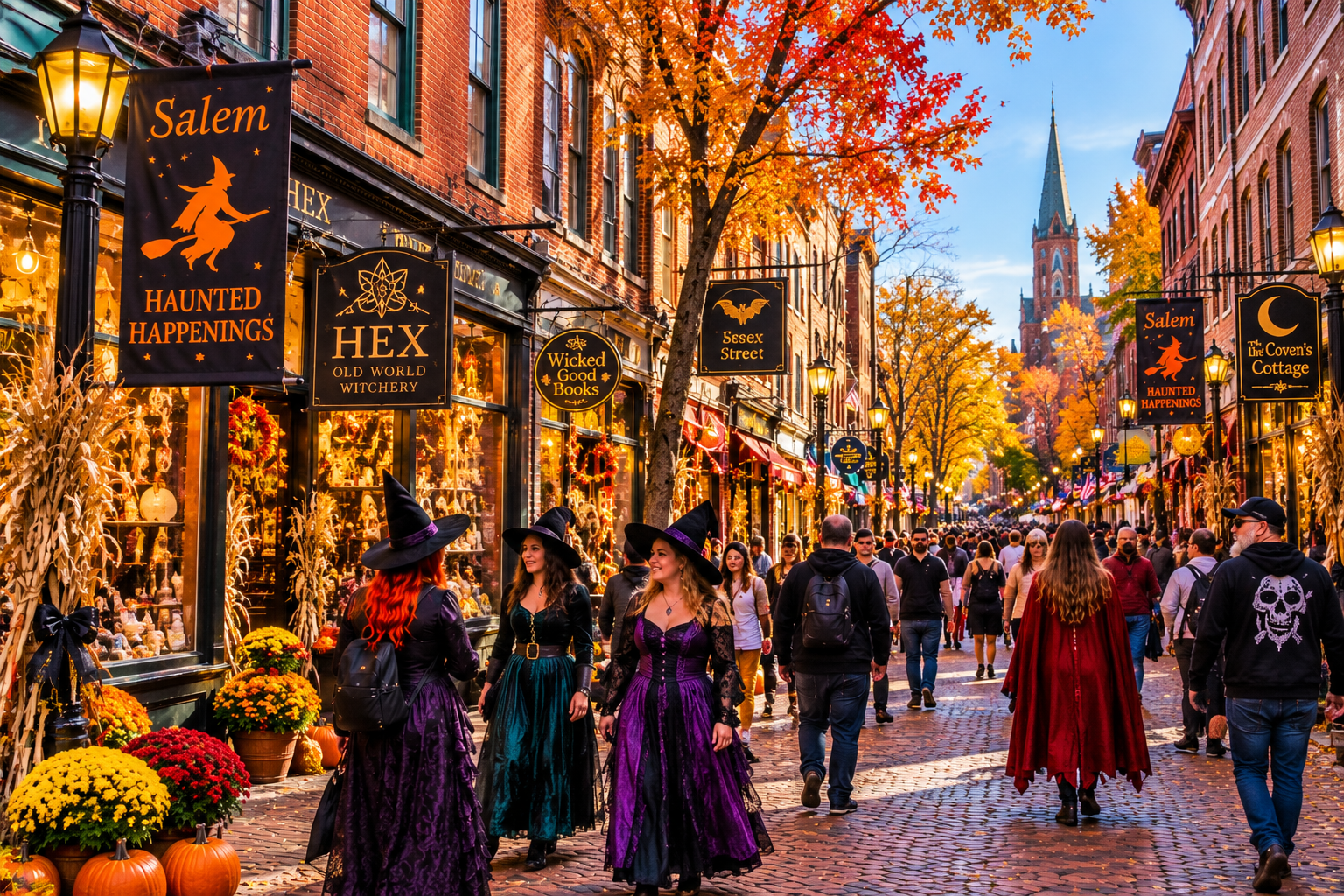 Costumed visitors on Essex Street in Salem, Massachusetts during Haunted Happenings